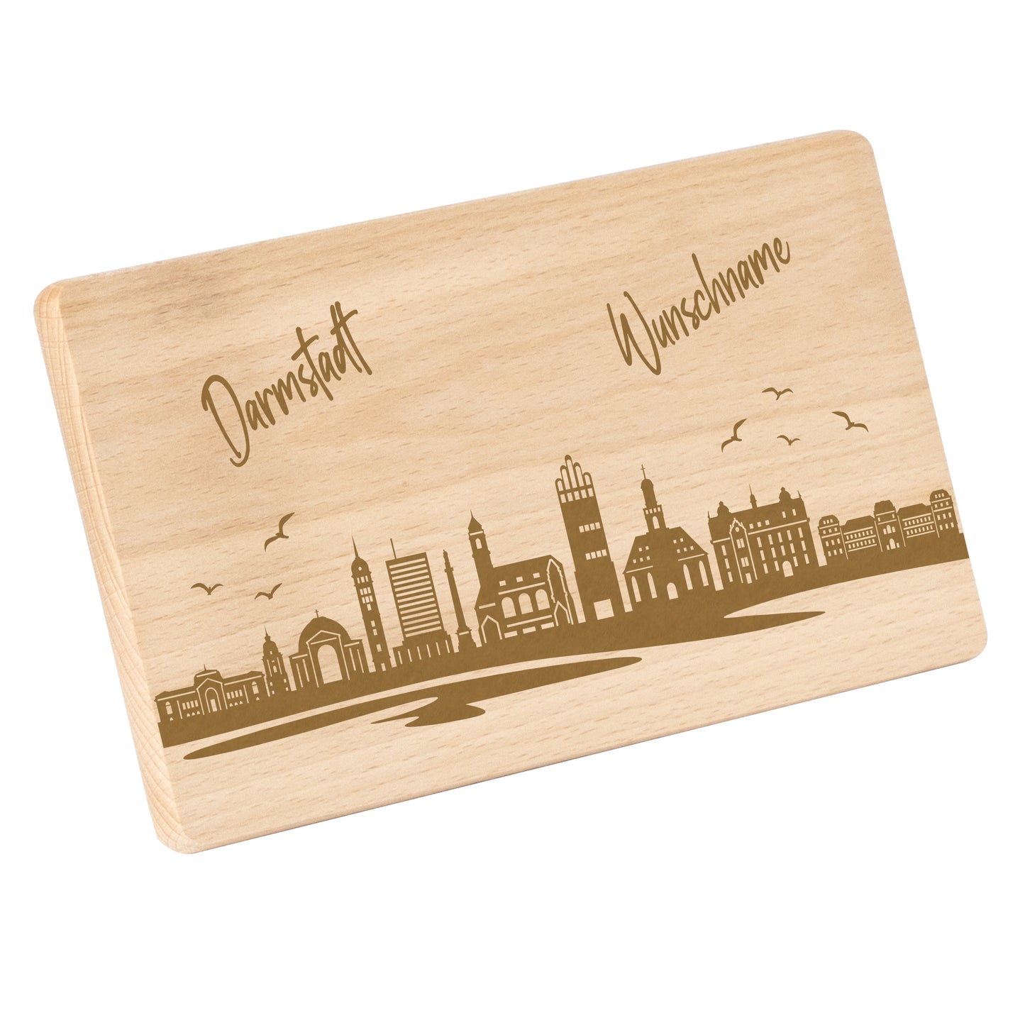 Frühstücksbrettchen 220x120mm mit Gravur mit der Skyline von Darmstadt personalisierbar mit Wunschname