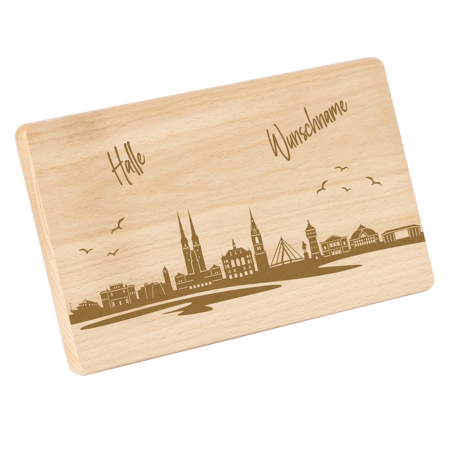 Frühstücksbrettchen 220x120mm mit Gravur mit der Skyline von Halle personalisierbar mit Wunschname
