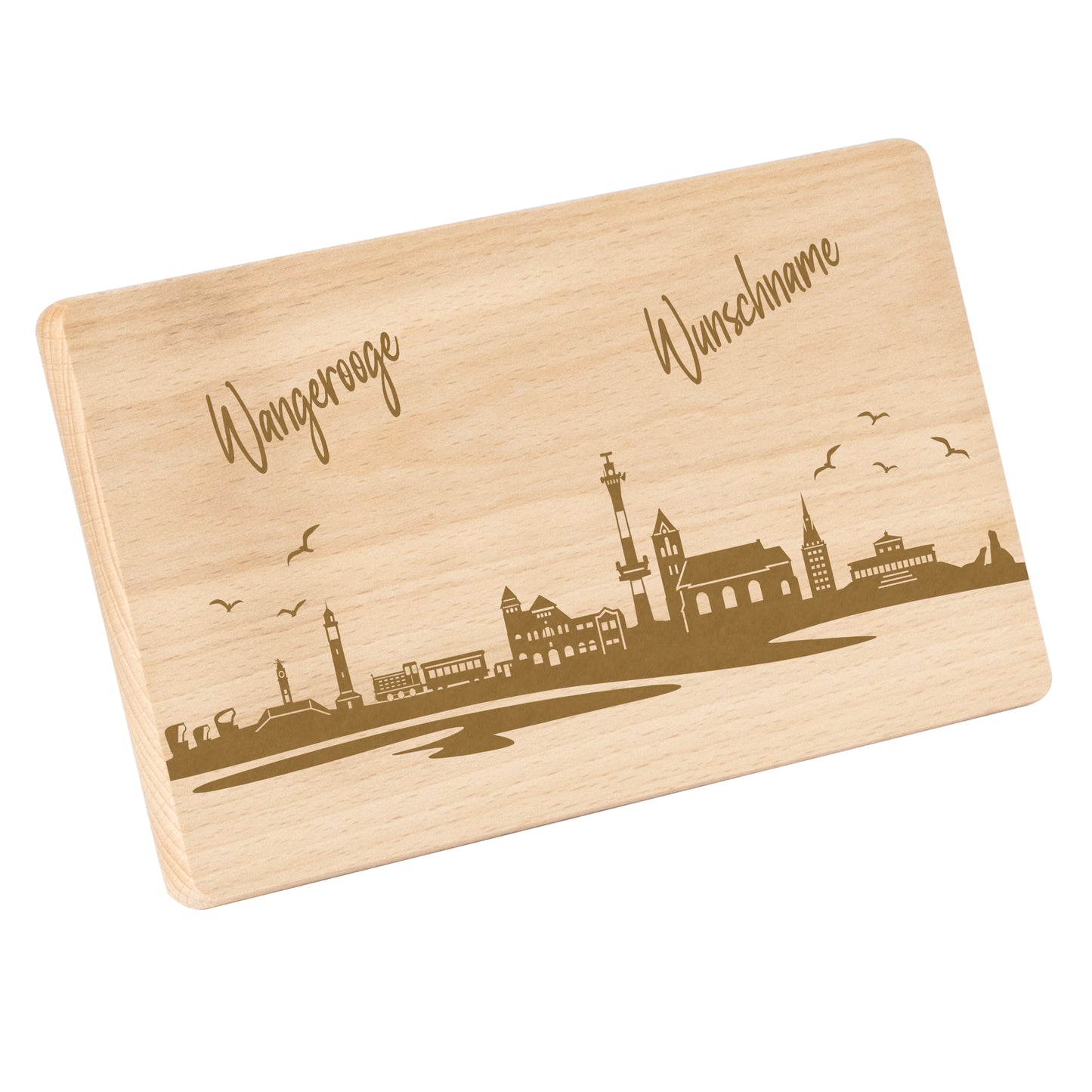 Frühstücksbrettchen 220x120mm mit Gravur mit der Skyline von Wangerooge personalisierbar mit Wunschname