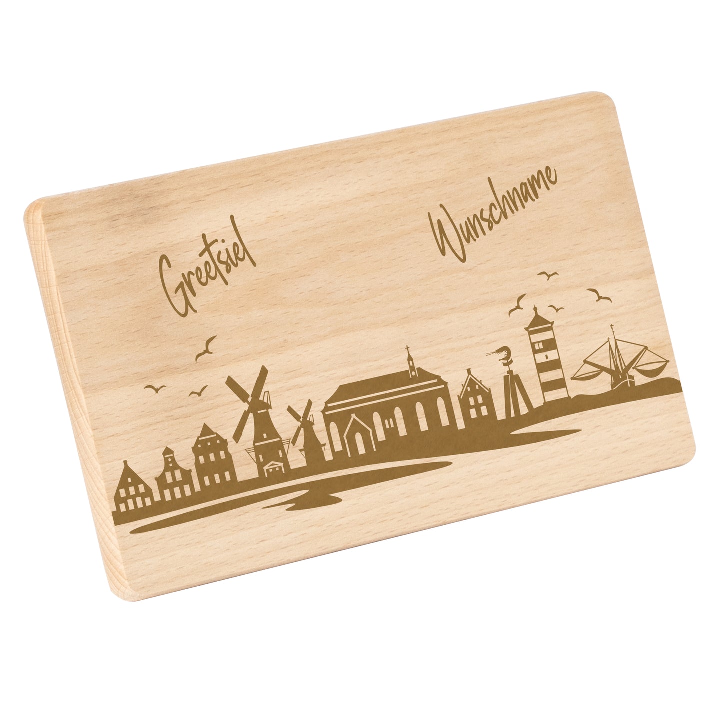 Frühstücksbrettchen 220x120mm mit Gravur mit der Skyline von Greetsiel personalisierbar mit Wunschname