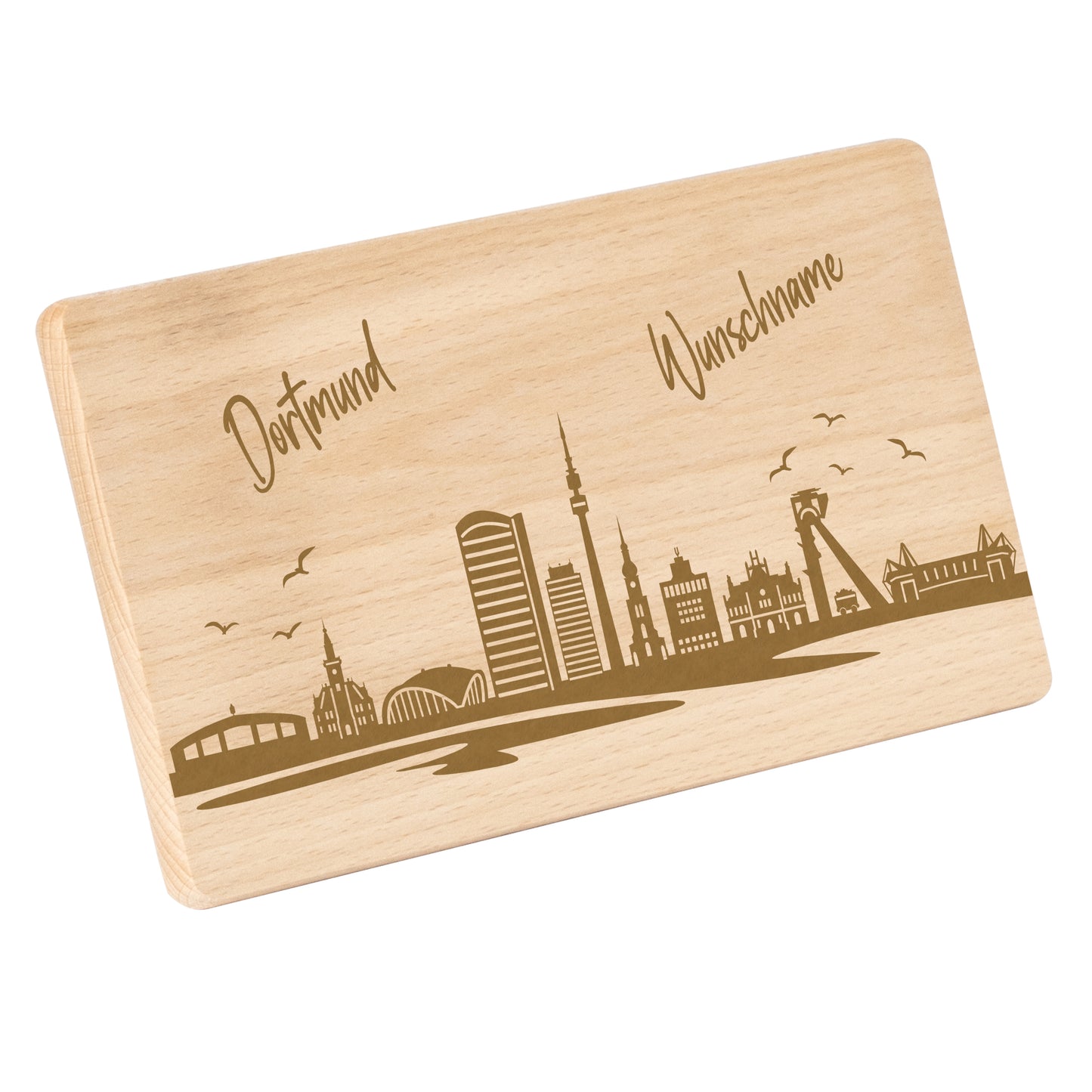 Frühstücksbrettchen 220x120mm mit Gravur mit der Skyline von Dortmund personalisierbar mit Wunschname