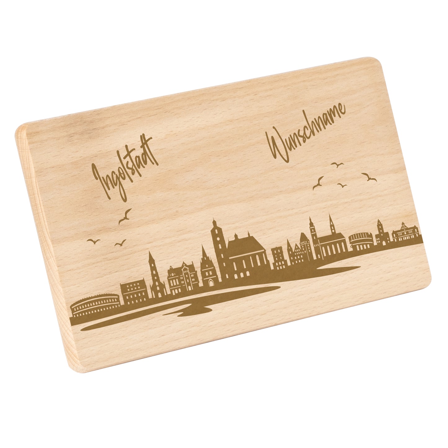 Frühstücksbrettchen 220x120mm mit Gravur mit der Skyline von Ingolstadt personalisierbar mit Wunschname