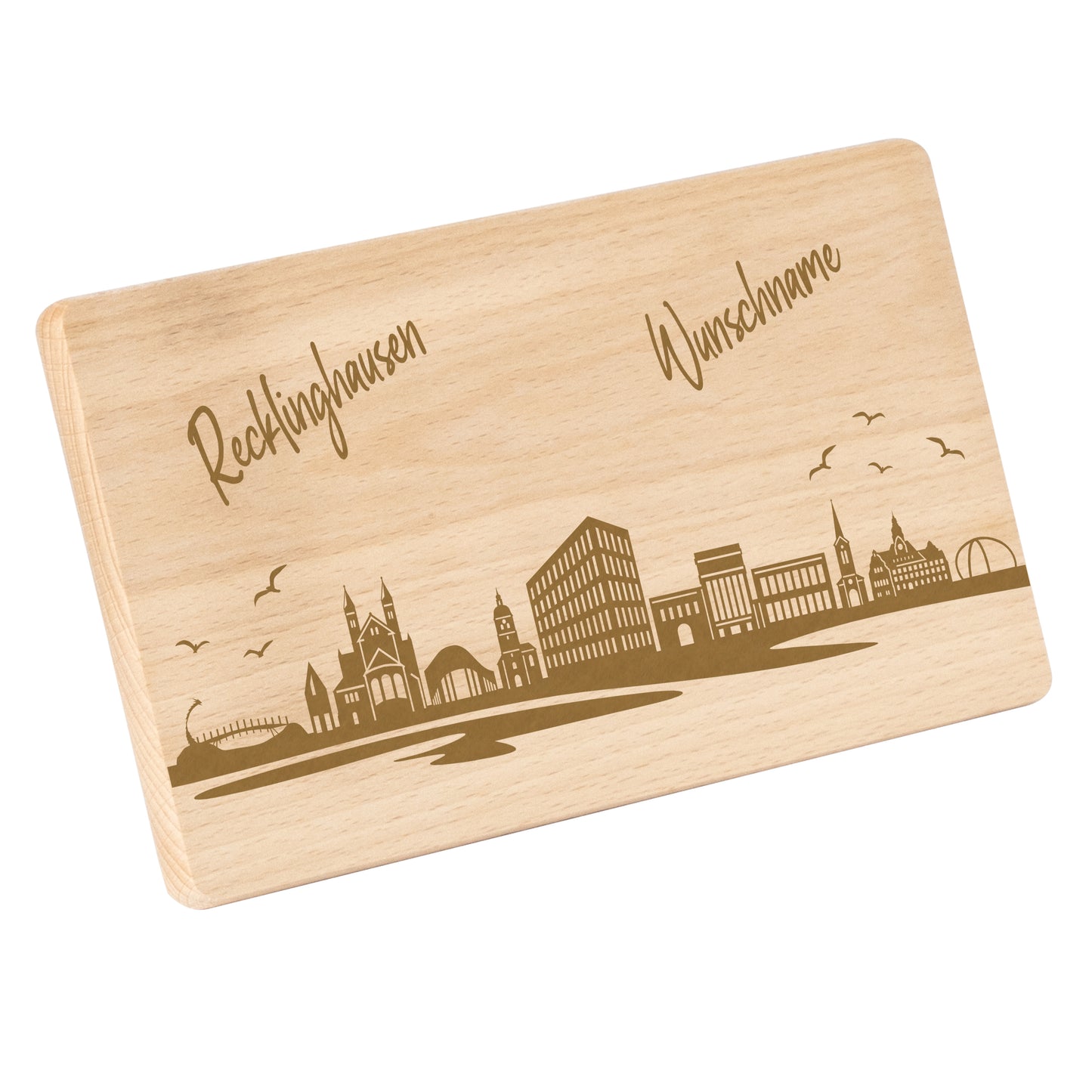 Frühstücksbrettchen 220x120mm mit Gravur mit der Skyline von Recklinghausen personalisierbar mit Wunschname