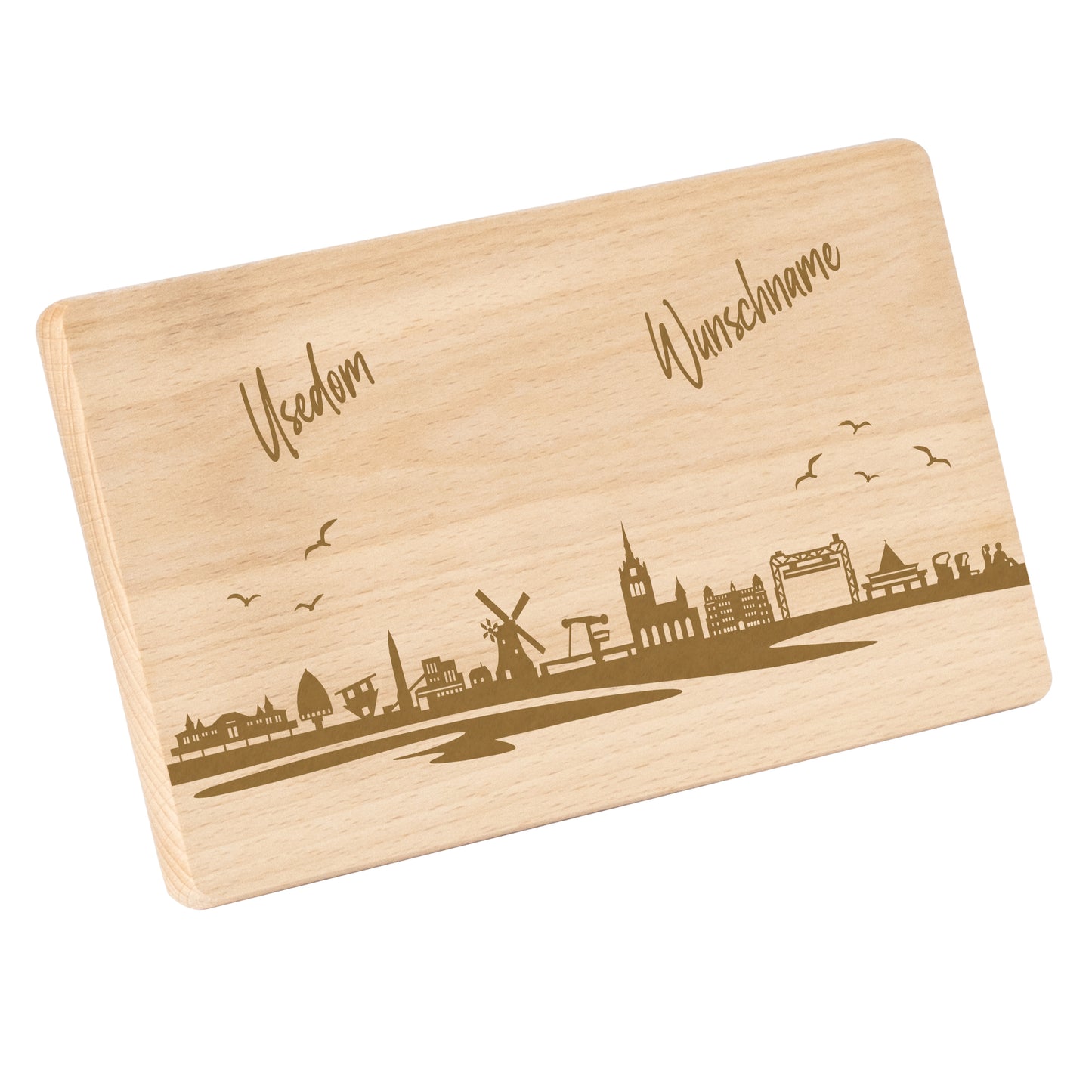 Frühstücksbrettchen 220x120mm mit Gravur mit der Skyline von Usedom personalisierbar mit Wunschname