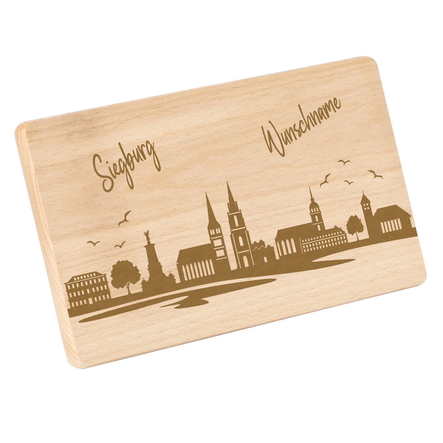 Frühstücksbrettchen 220x120mm mit Gravur mit der Skyline von Siegburg personalisierbar mit Wunschname