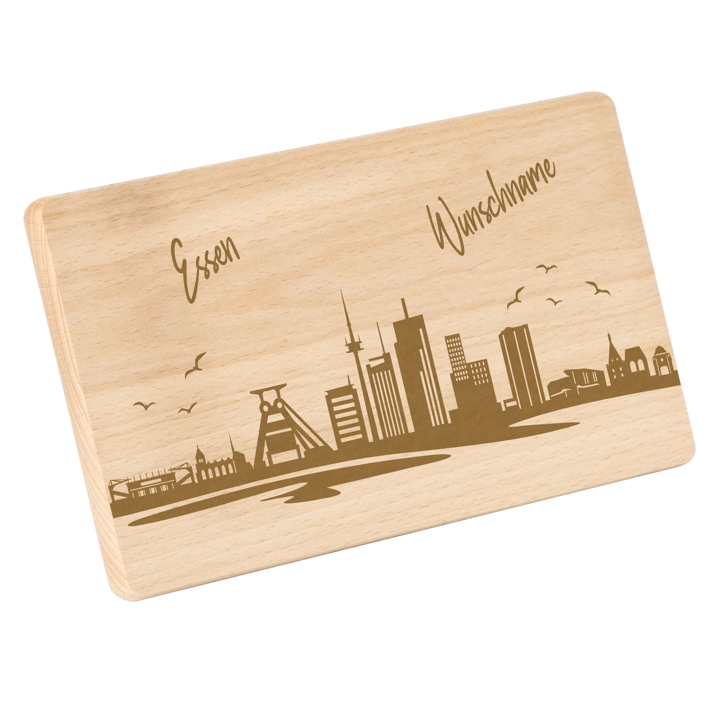 Frühstücksbrettchen 220x120mm mit Gravur mit der Skyline von Essen personalisierbar mit Wunschname