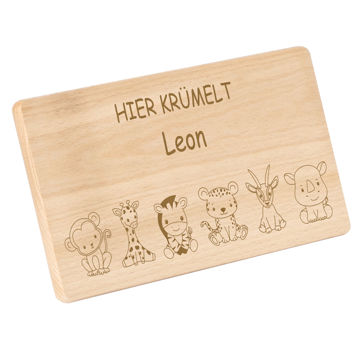 Frühstücksbrettchen 220x120mm mit Gravur "HIER KRÜMELT" Tierchen und Wunschname