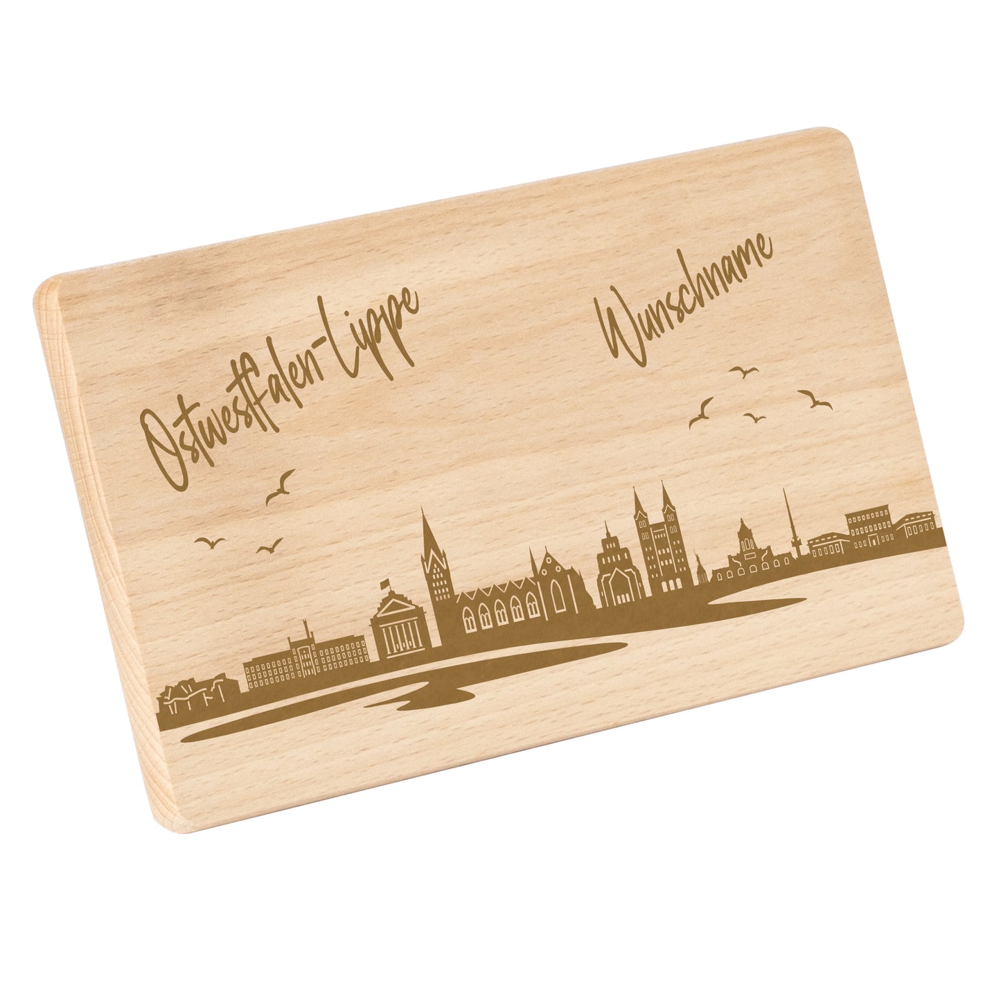 Frühstücksbrettchen 220x120mm mit Gravur mit der Skyline von Ostwestfalen-Lippe personalisierbar mit Wunschname