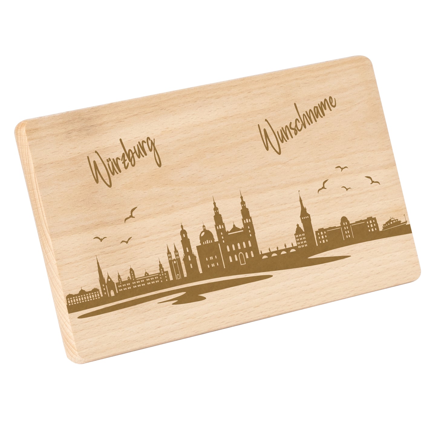 Frühstücksbrettchen 220x120mm mit Gravur mit der Skyline von Würzburg personalisierbar mit Wunschname