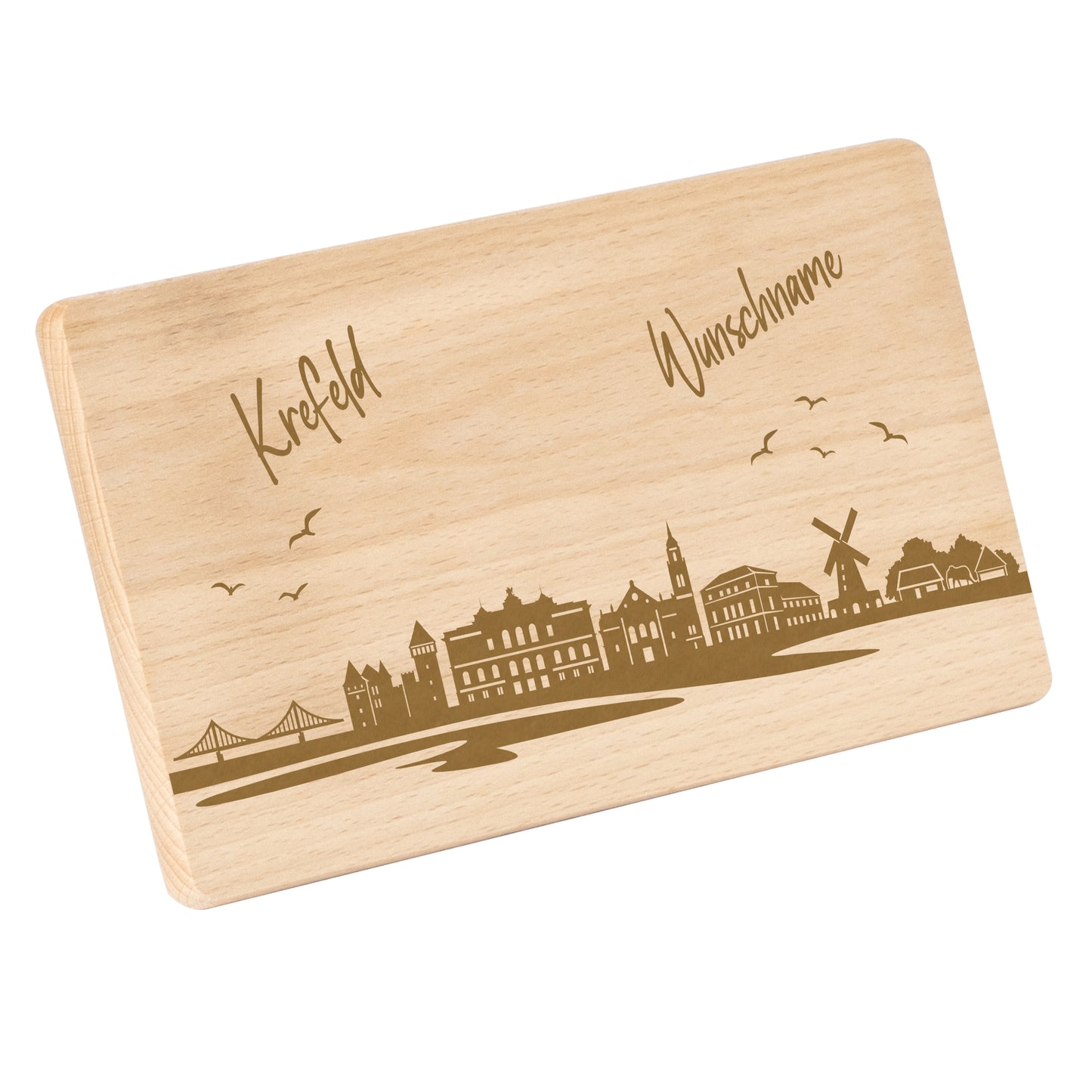 Frühstücksbrettchen 220x120mm mit Gravur mit der Skyline von Krefeld personalisierbar mit Wunschname