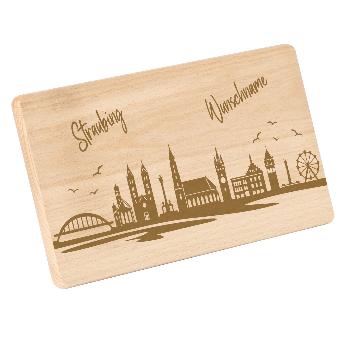 Frühstücksbrettchen 220x120mm mit Gravur mit der Skyline von Straubing personalisierbar mit Wunschname