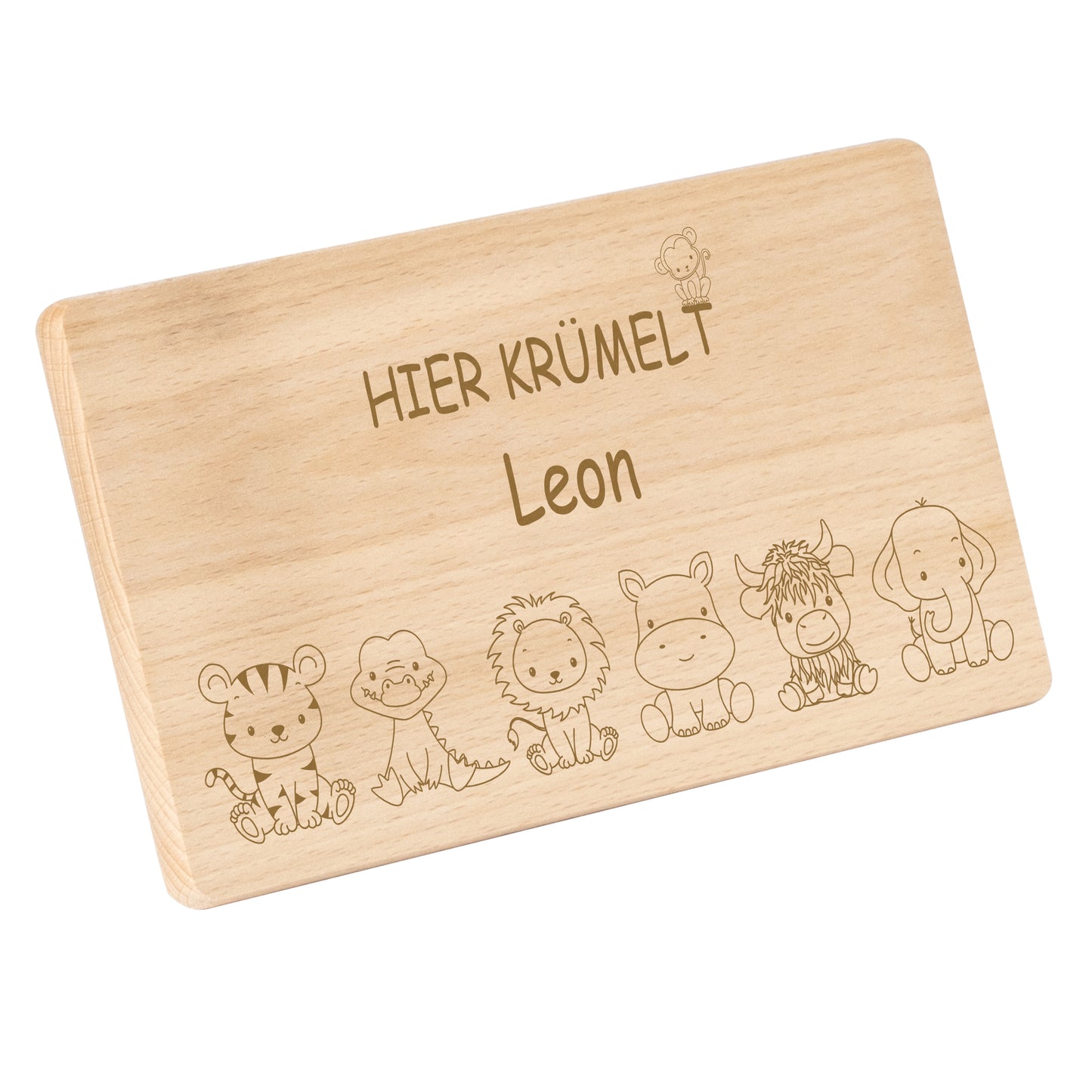 Frühstücksbrettchen 220x120mm mit Gravur "HIER KRÜMELT" Tierchen und Wunschname