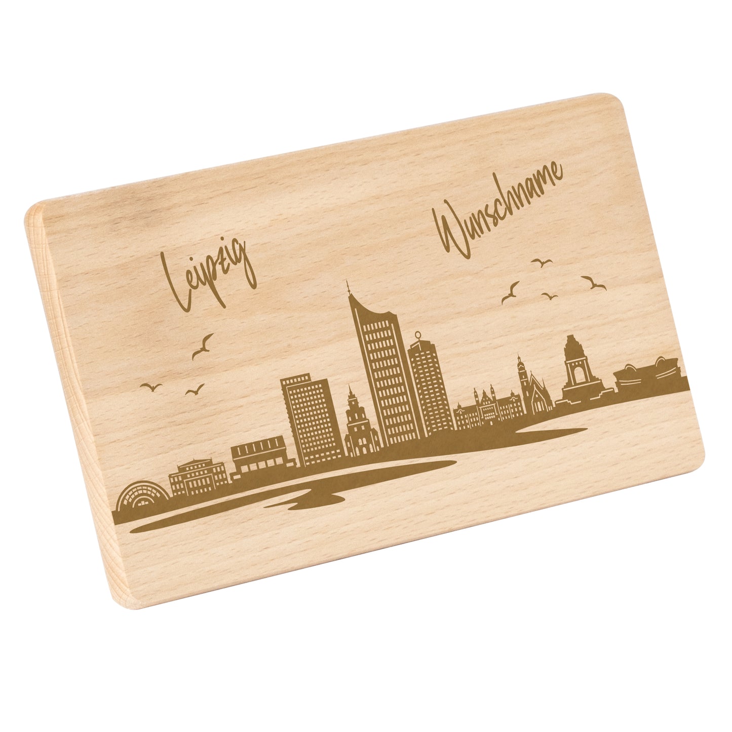 Frühstücksbrettchen 220x120mm mit Gravur mit der Skyline von Leipzig personalisierbar mit Wunschname