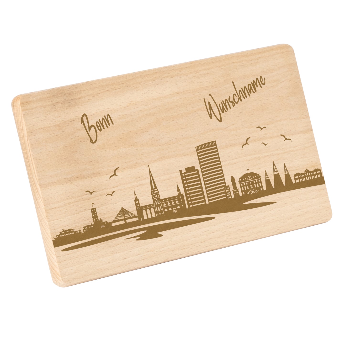Frühstücksbrettchen 220x120mm mit Gravur mit der Skyline von Bonn personalisierbar mit Wunschname