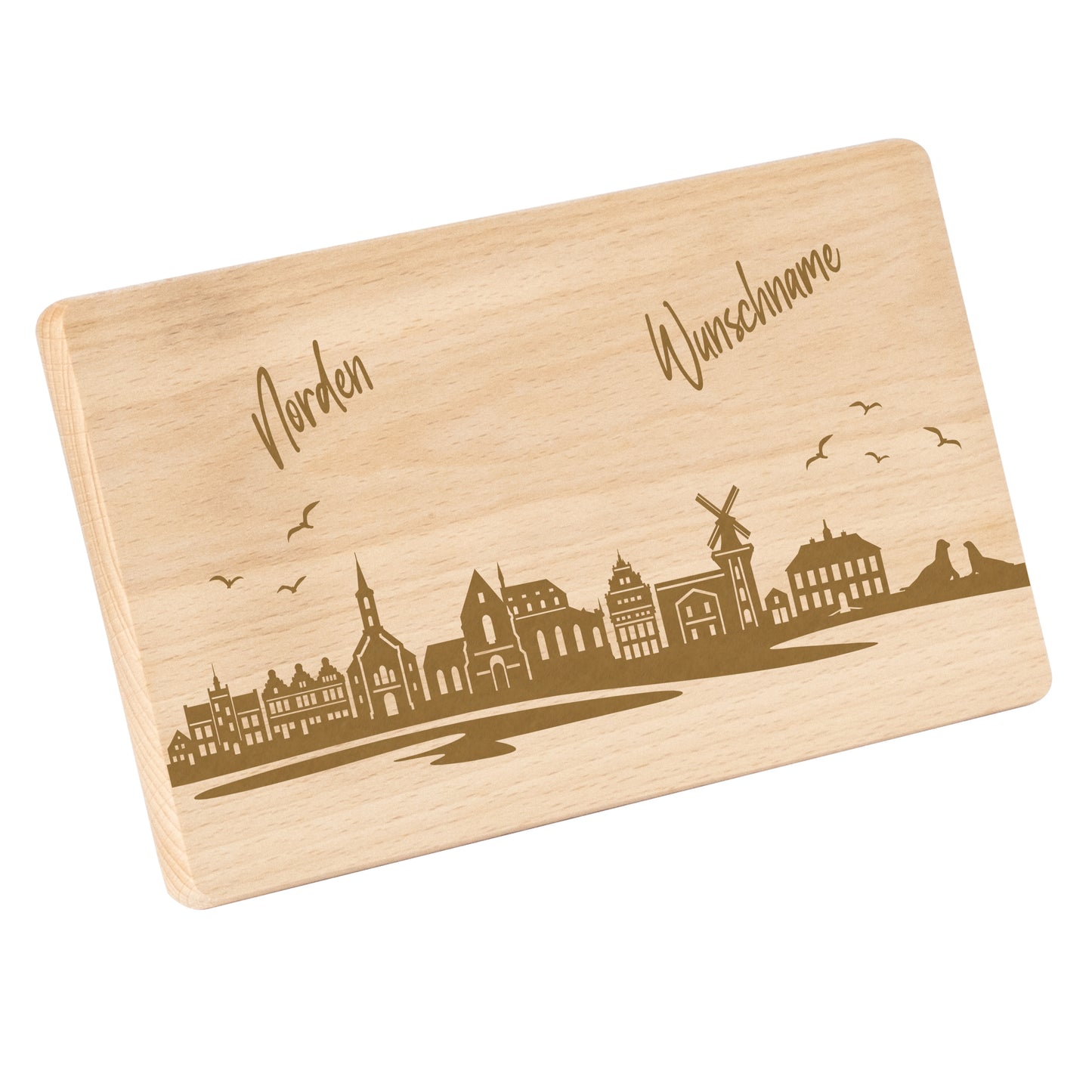 Frühstücksbrettchen 220x120mm mit Gravur mit der Skyline von Norden personalisierbar mit Wunschname