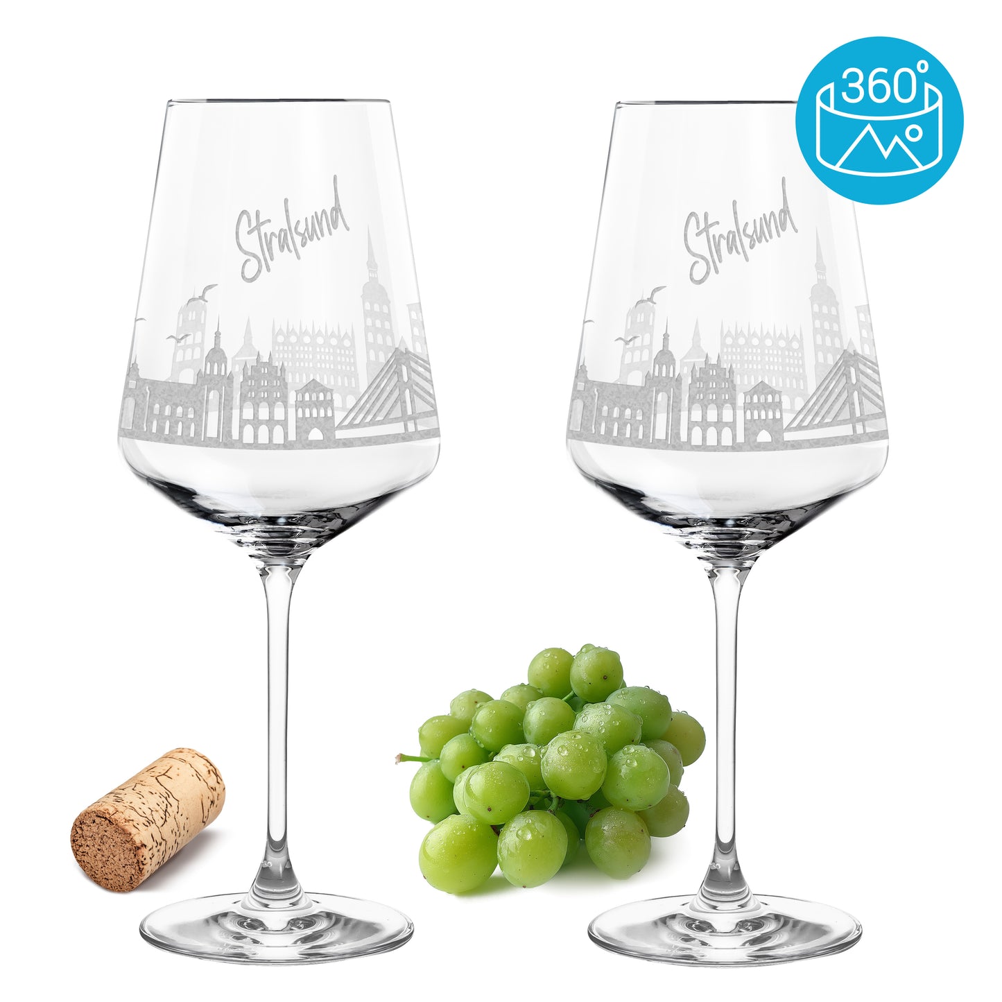 Weinglas mit Gravur Leonardo Puccini "SKYLINE STRALSUND" 2 Gläser optional mit Wunschname