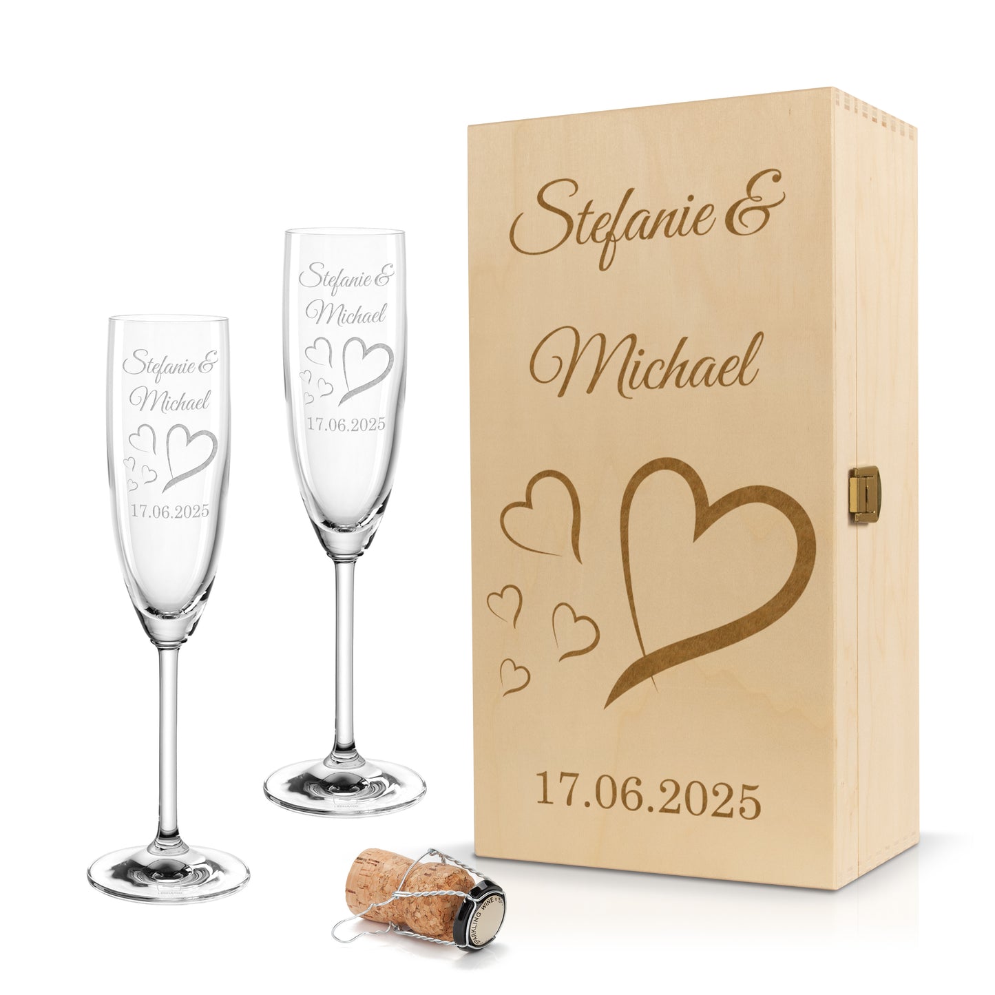 Sektglas mit Gravur Leonardo Daily "LIEBES GLAS HERZ4" 2 Gläser und Holzbox klein mit Wunschname & Datum