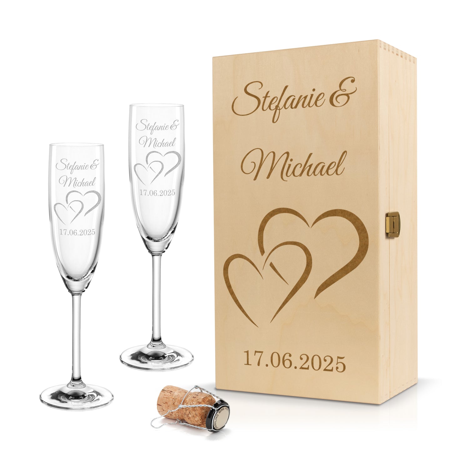 Sektglas mit Gravur Leonardo Daily "LIEBES GLAS HERZ1" 2 Gläser und Holzbox klein mit Wunschname & Datum