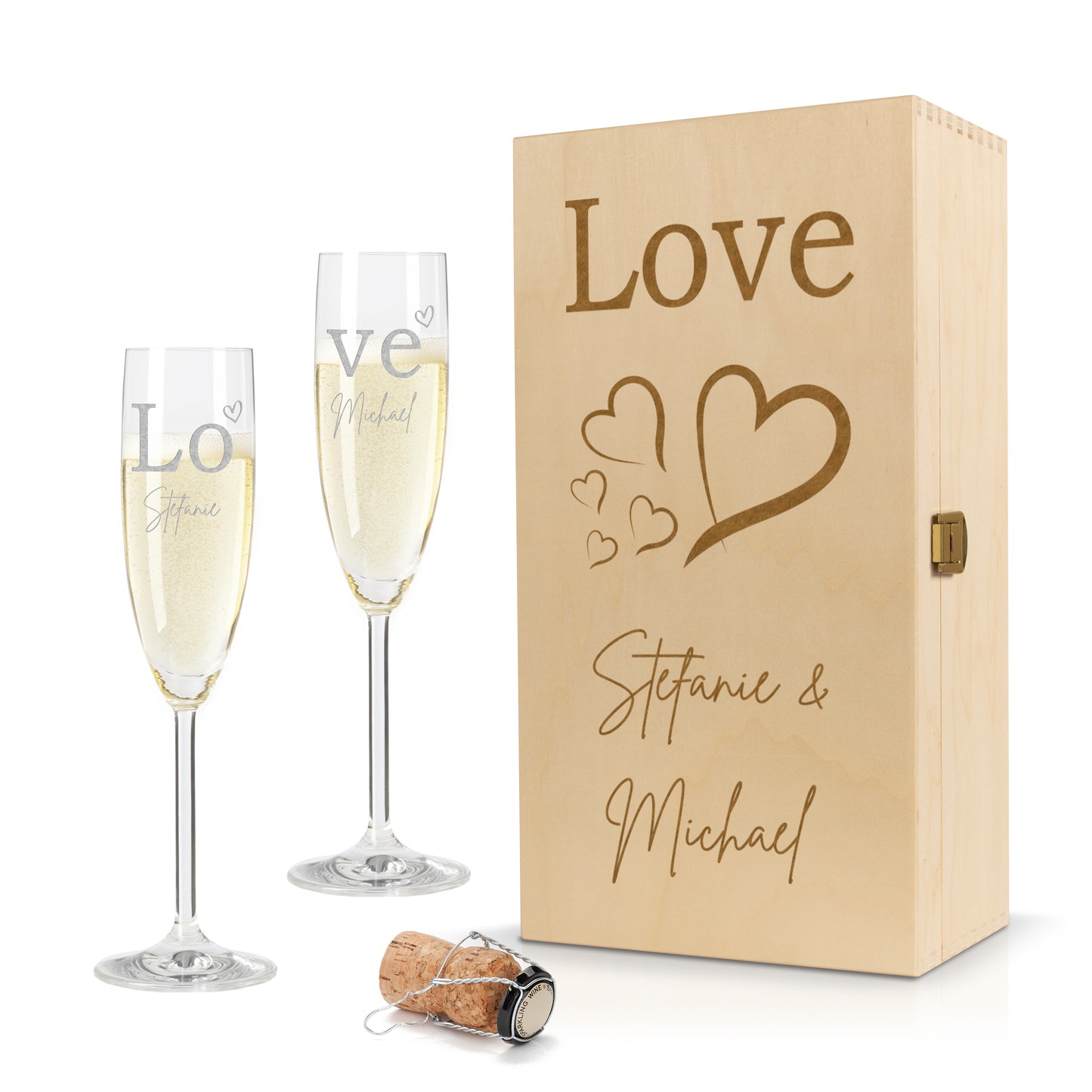 Sektglas mit Gravur Leonardo Daily "LOVE" 2 Gläser und Holzbox klein mit Wunschname