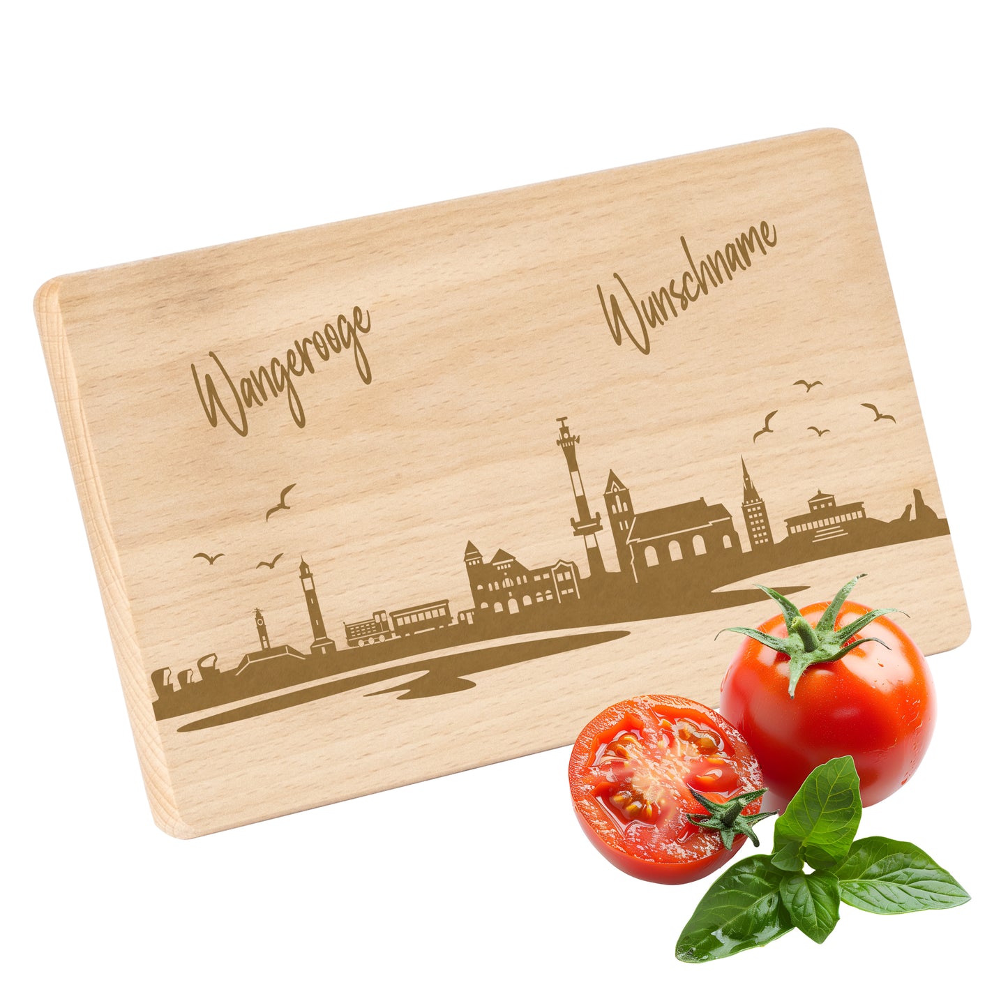 Frühstücksbrettchen 220x120mm mit Gravur mit der Skyline von Wangerooge personalisierbar mit Wunschname