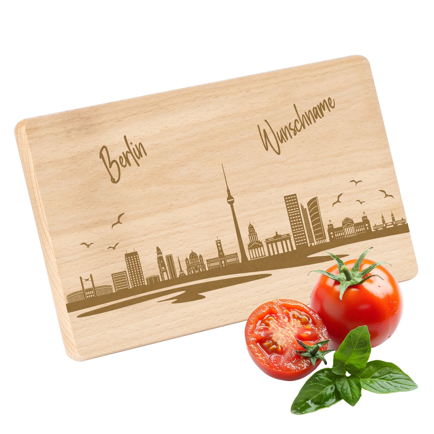 Frühstücksbrettchen 220x120mm mit Gravur mit der Skyline von Berlin personalisierbar mit Wunschname