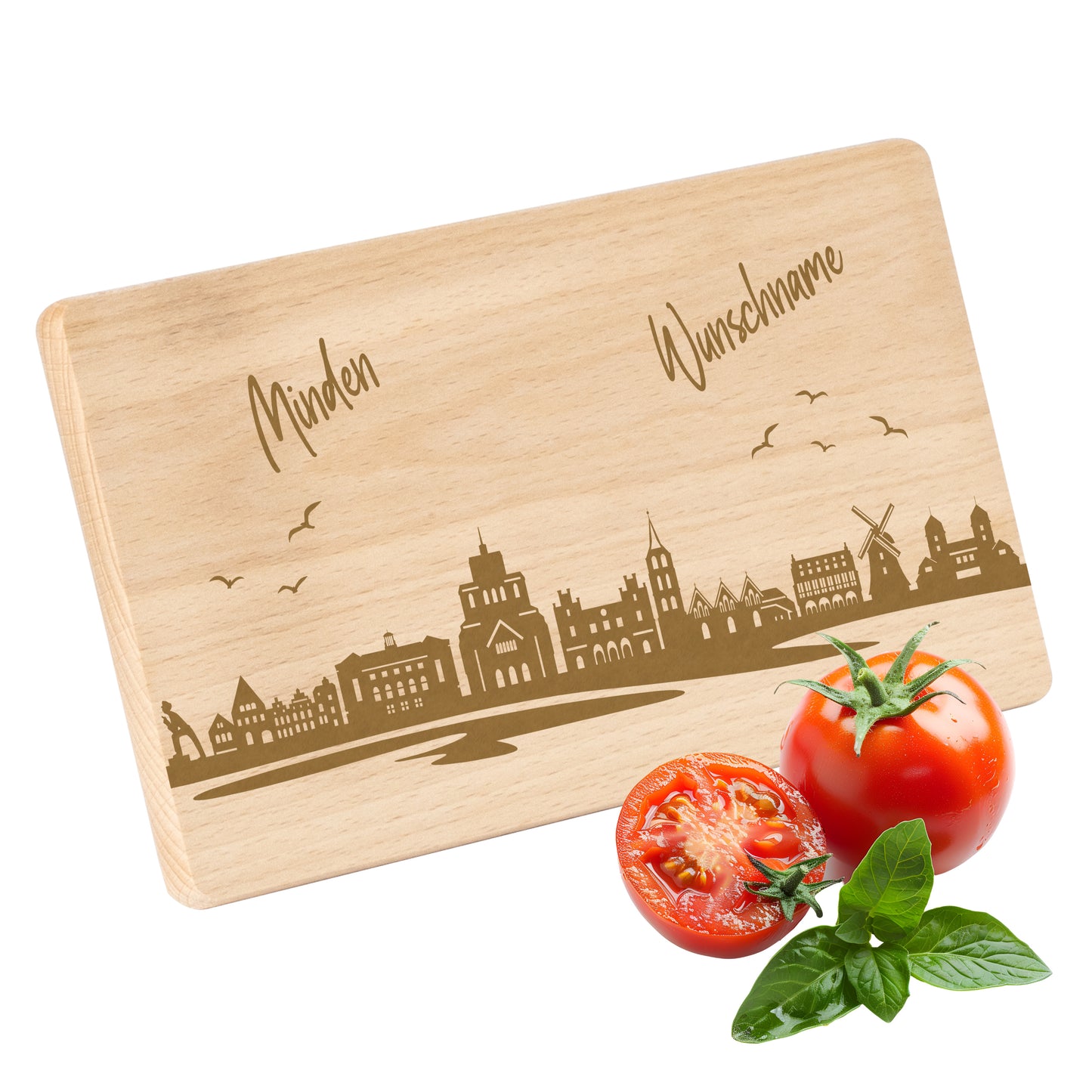 Frühstücksbrettchen 220x120mm mit Gravur mit der Skyline von Minden personalisierbar mit Wunschname