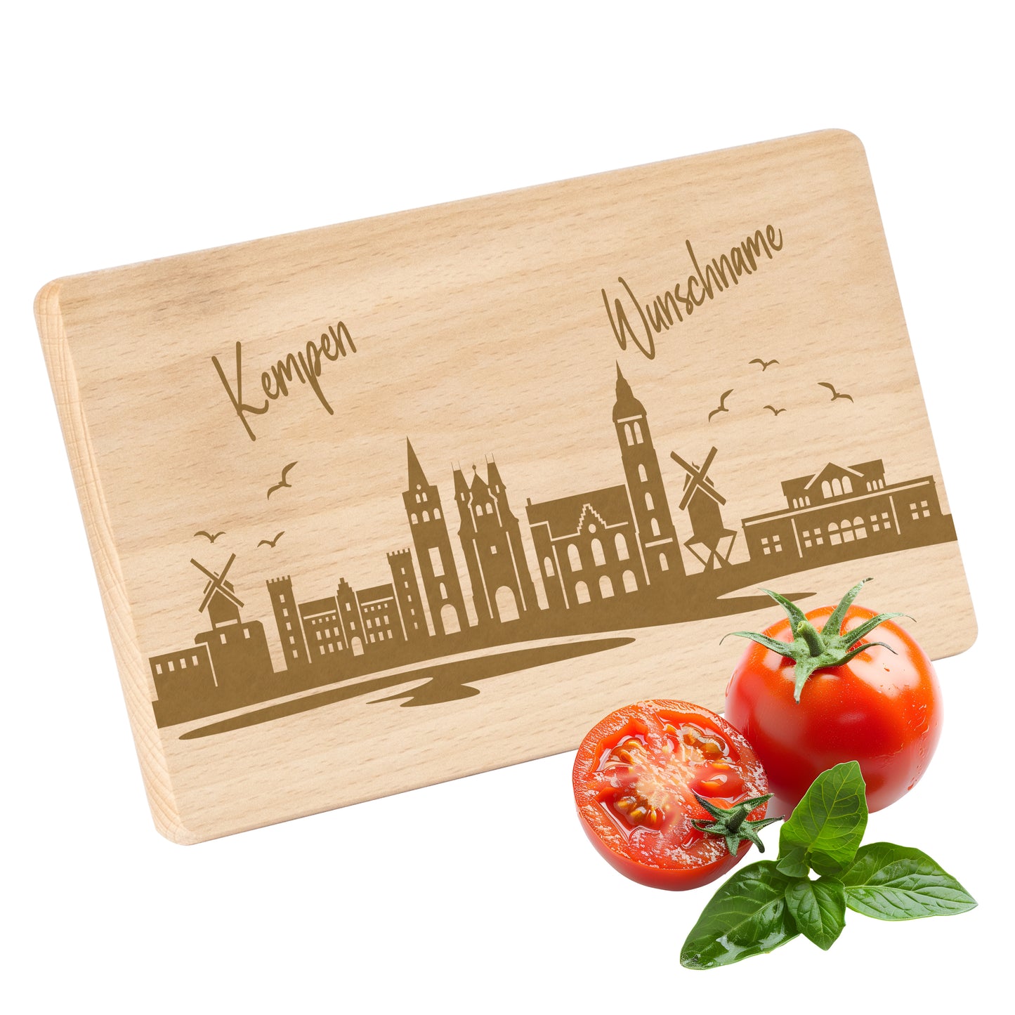 Frühstücksbrettchen 220x120mm mit Gravur mit der Skyline von Kempen personalisierbar mit Wunschname