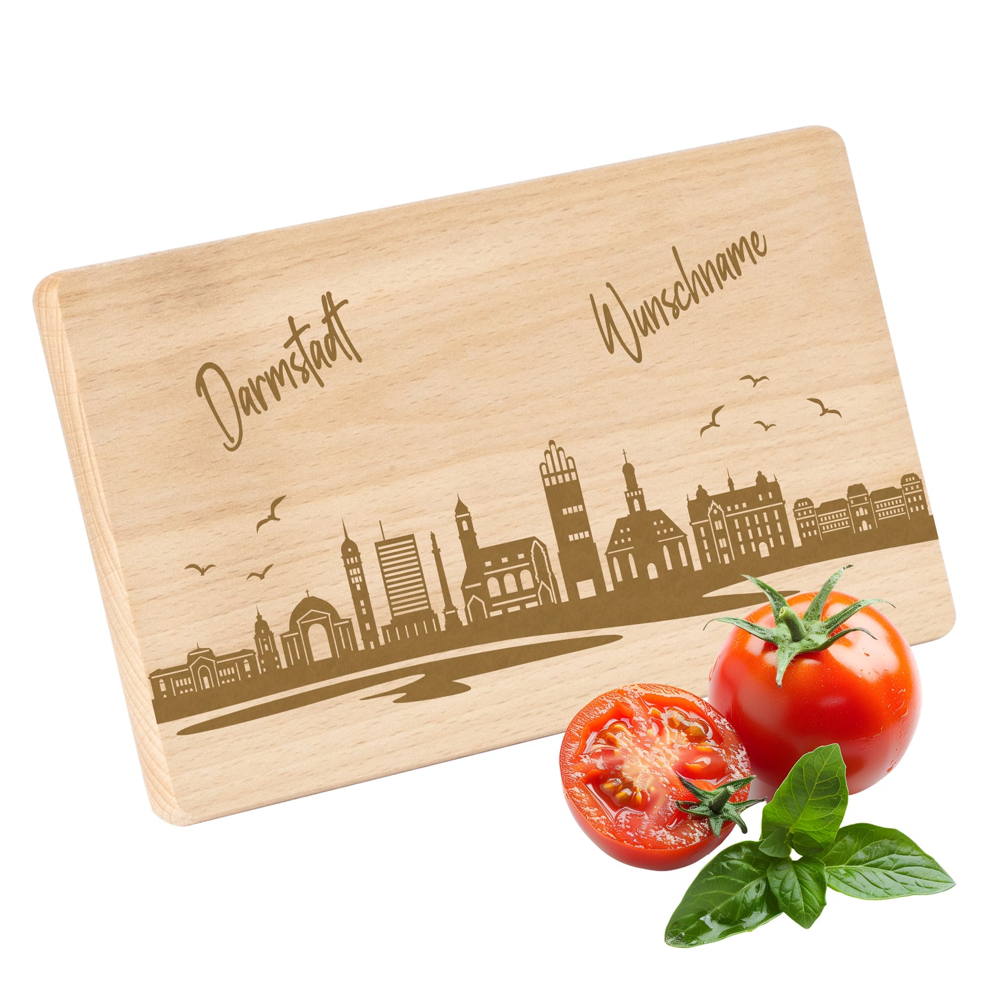 Frühstücksbrettchen 220x120mm mit Gravur mit der Skyline von Darmstadt personalisierbar mit Wunschname