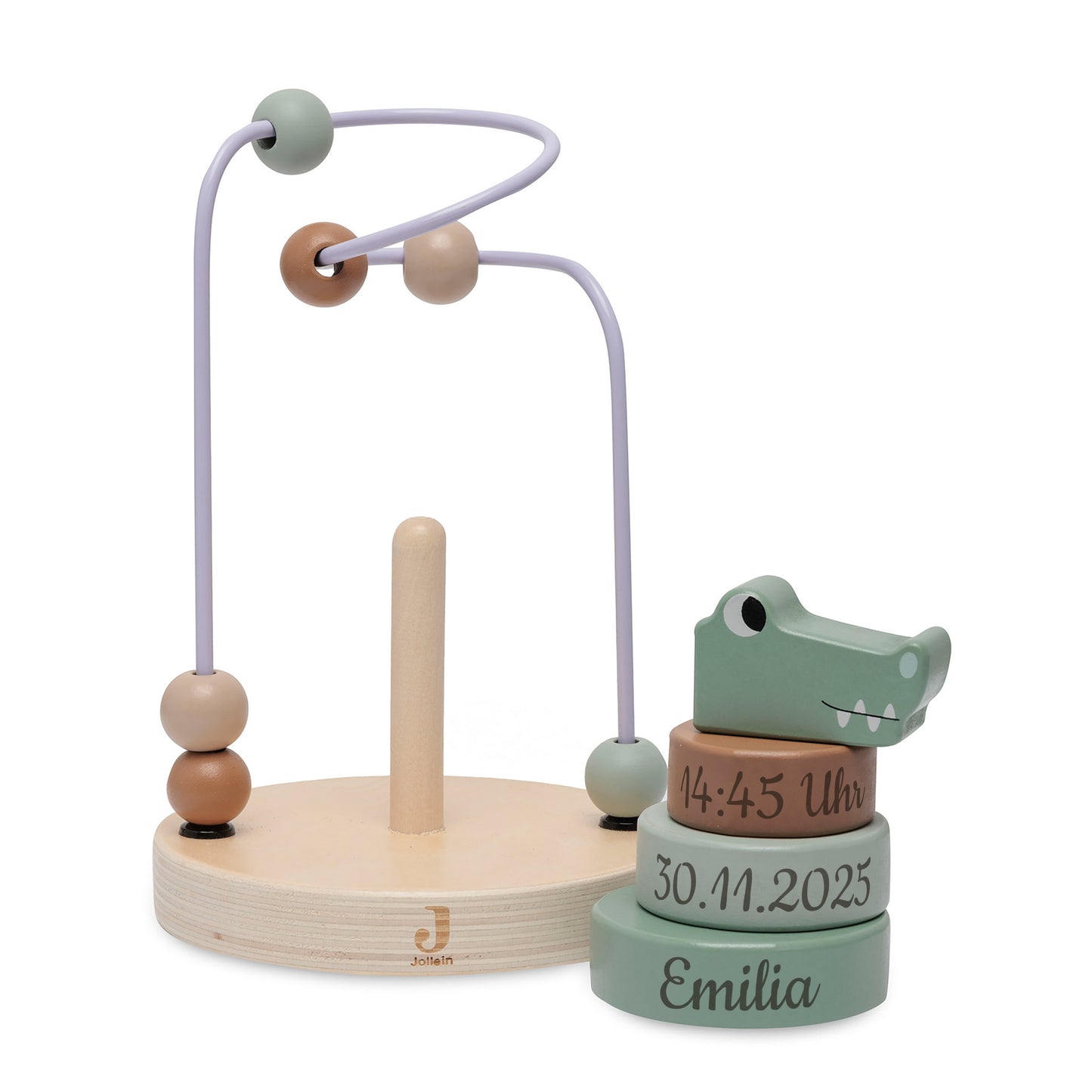 Jollein Aktivitätsspirale Kroko personalisierbar mit Name & Datum aus FSC-Holz - Motorikspielzeug - Babygeschenk zur Geburt oder Taufe