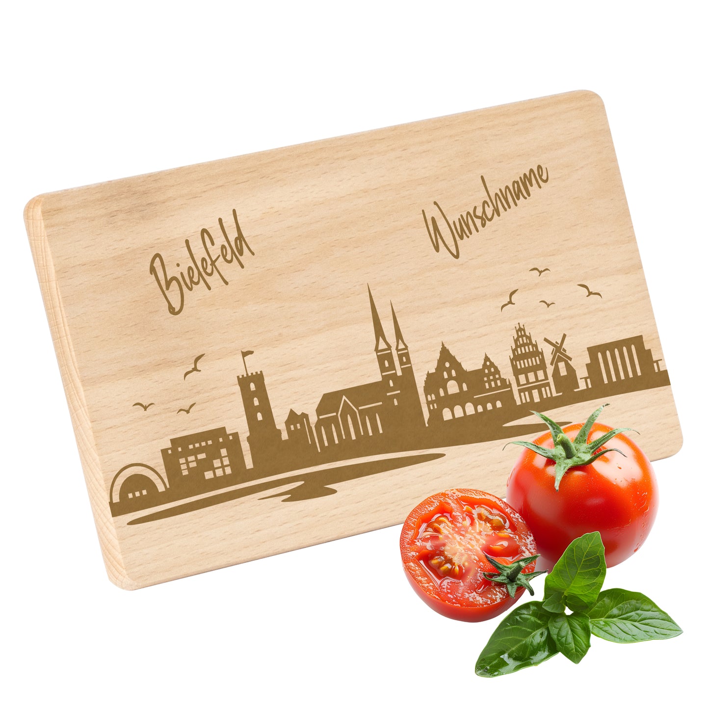 Frühstücksbrettchen 220x120mm mit Gravur mit der Skyline von Bielefeld personalisierbar mit Wunschname