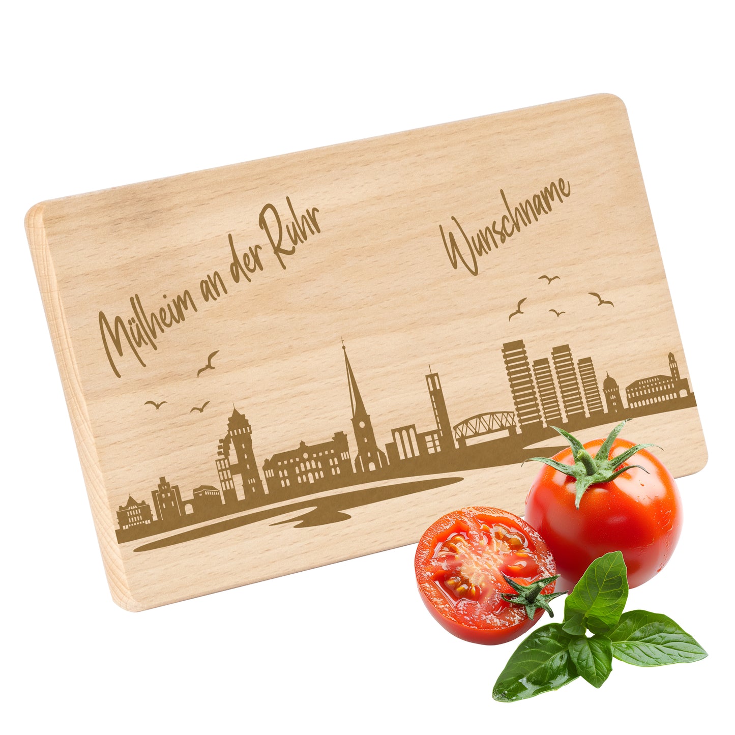 Frühstücksbrettchen 220x120mm mit Gravur mit der Skyline von Mülheim an der Ruhr personalisierbar mit Wunschname