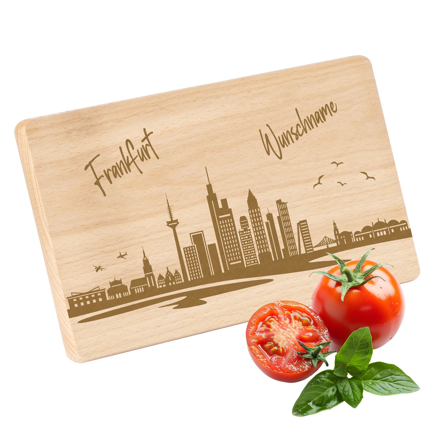 Frühstücksbrettchen 220x120mm mit Gravur mit der Skyline von Frankfurt personalisierbar mit Wunschname