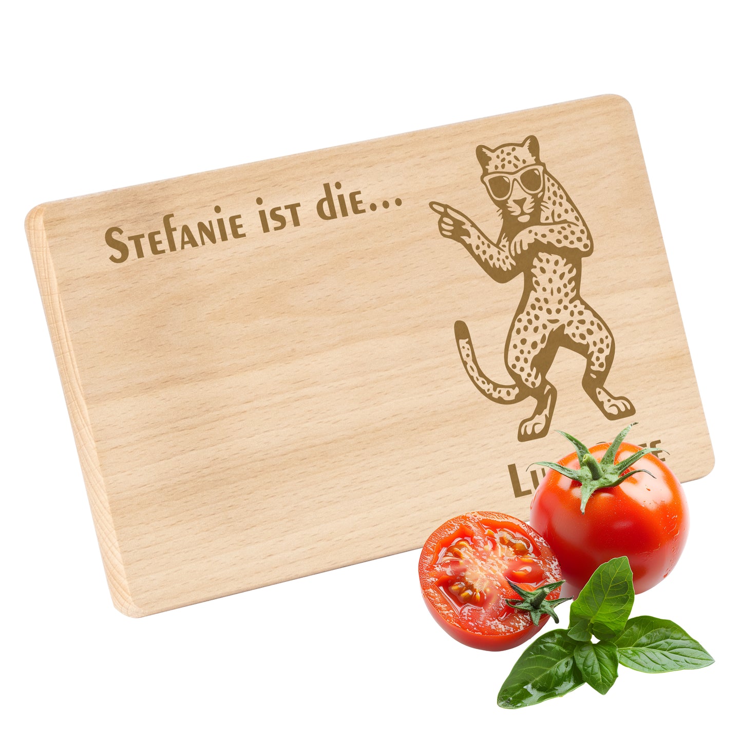 Frühstücksbrettchen mit Gravur Leopard "… ist die LUSTIGSTE" mit Wunschname