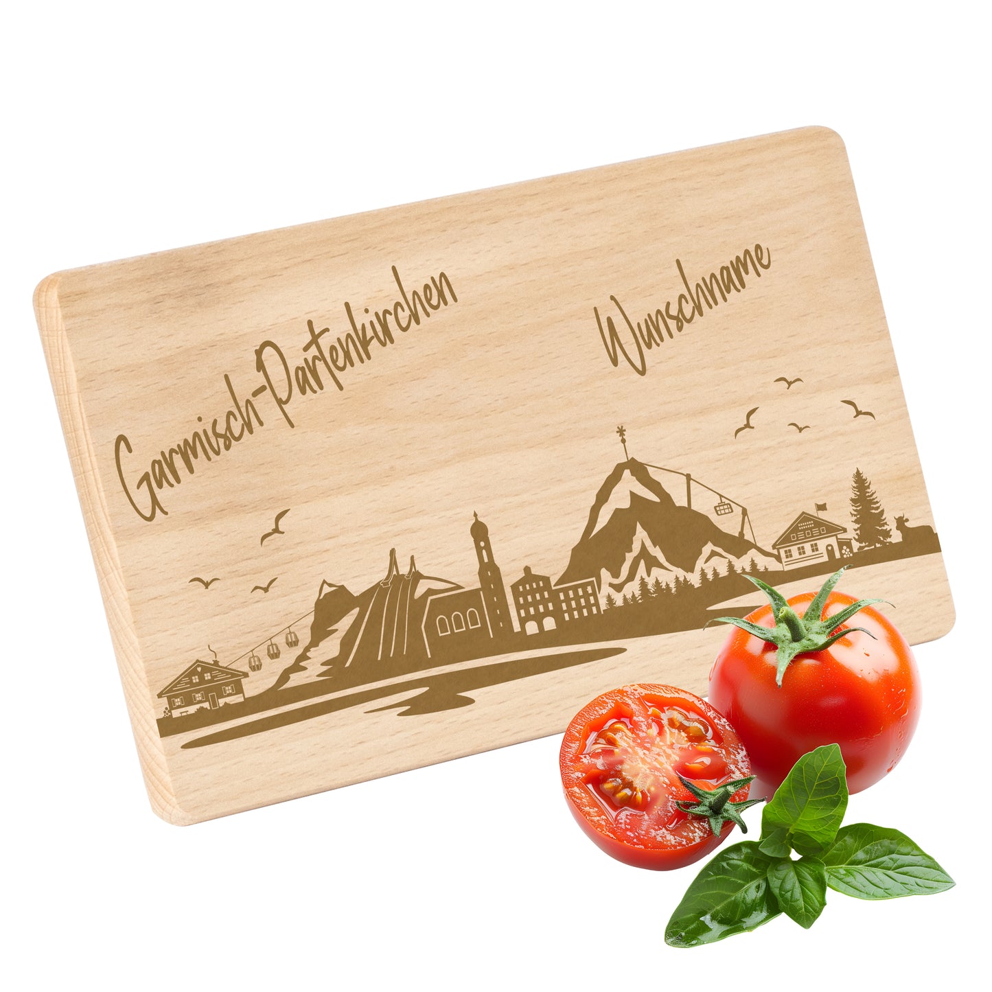 Frühstücksbrettchen 220x120mm mit Gravur mit der Skyline von Garmisch-Partenkirchen personalisierbar mit Wunschname