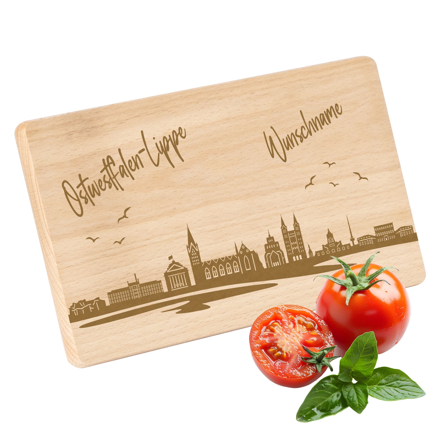 Frühstücksbrettchen 220x120mm mit Gravur mit der Skyline von Ostwestfalen-Lippe personalisierbar mit Wunschname