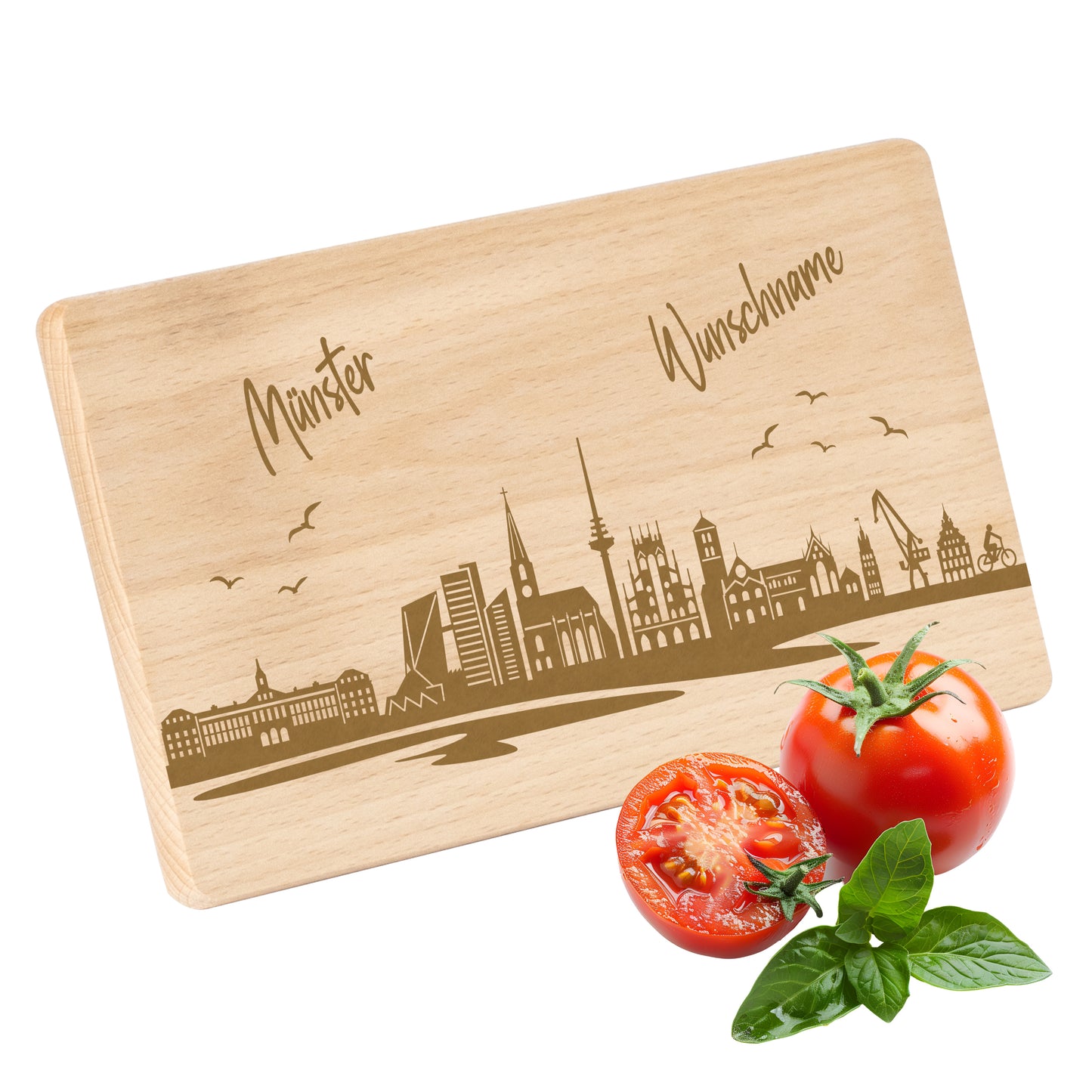 Frühstücksbrettchen 220x120mm mit Gravur mit der Skyline von Münster personalisierbar mit Wunschname
