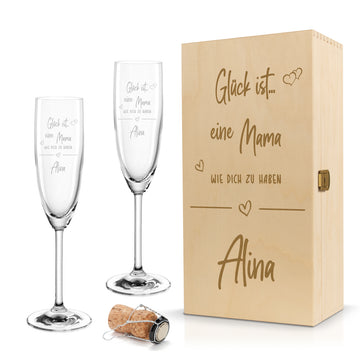 Sektglas mit Gravur Leonardo Daily "GLÜCK IST EINE MAMA WIE DICH ZU HABEN" 1 Glas und Holzbox klein mit Wunschname