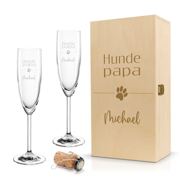 Sektglas mit Gravur Leonardo Daily "HUNDE PAPA MIT PFOTE" 1 Glas und Holzbox klein mit Wunschname