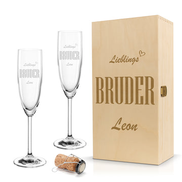 Sektglas mit Gravur Leonardo Daily "LIEBLINGS BRUDER" 1 Glas und Holzbox klein mit Wunschname