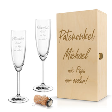 Sektglas mit Gravur Leonardo Daily "PATENONKEL WIE PAPA NUR COOLER" 1 Glas und Holzbox klein mit Wunschname