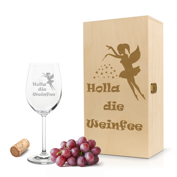 Weinglas mit Gravur Leonardo Daily Rotwein "HOLLA DIE WEINFEE" inkl. Holzbox klein