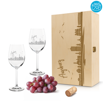 Weinglas mit Gravur Leonardo Daily Rotwein "SKYLINE AUGSBURG" 2 Gläser und Holzbox groß