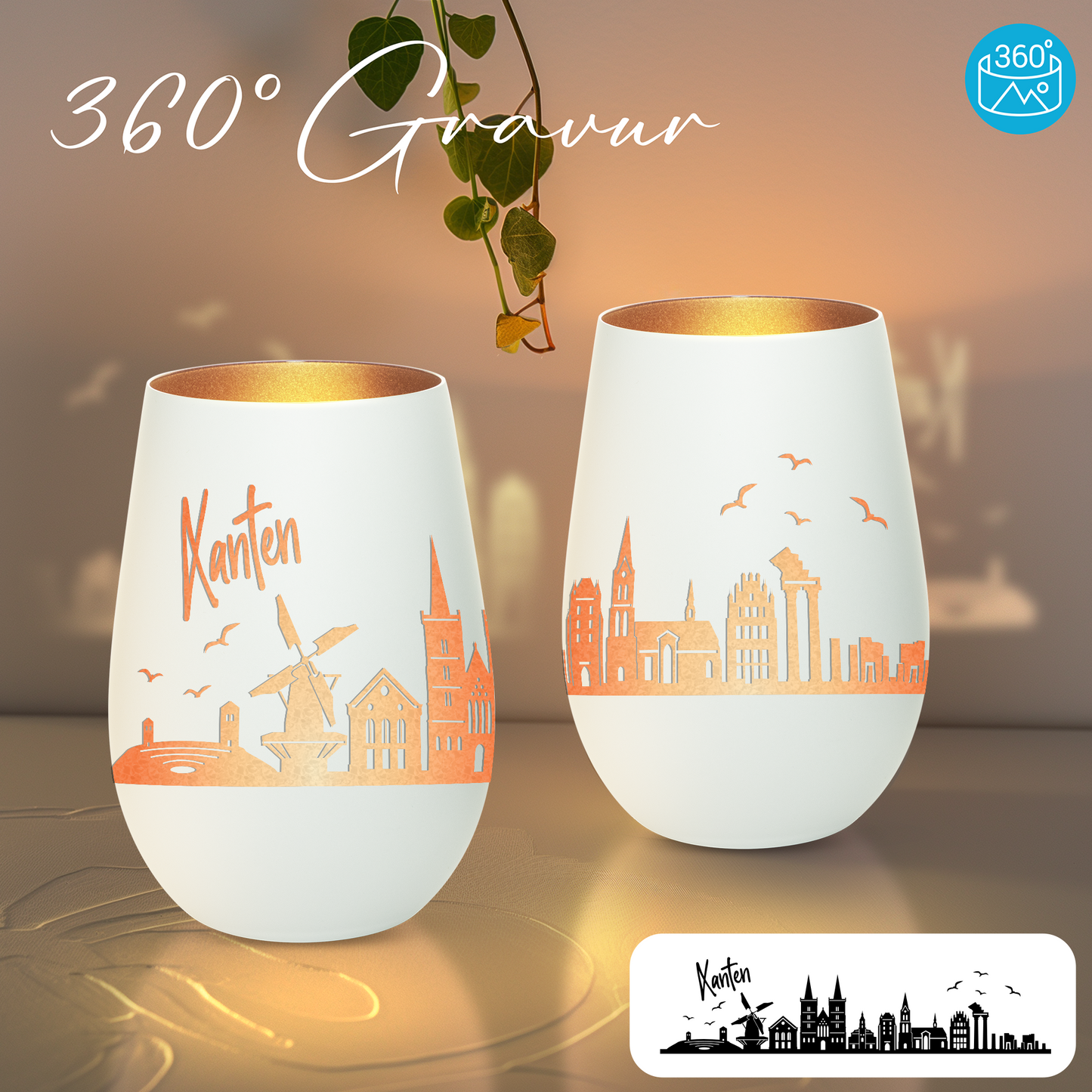 Hochwertiges Glas Windlicht mit Gravur "SKYLINE XANTEN" in der Farbe Weiß/Bronze