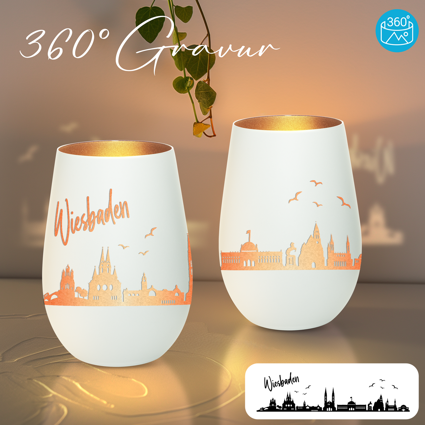 Hochwertiges Glas Windlicht mit Gravur "SKYLINE WIESBADEN" in der Farbe Weiß/Bronze