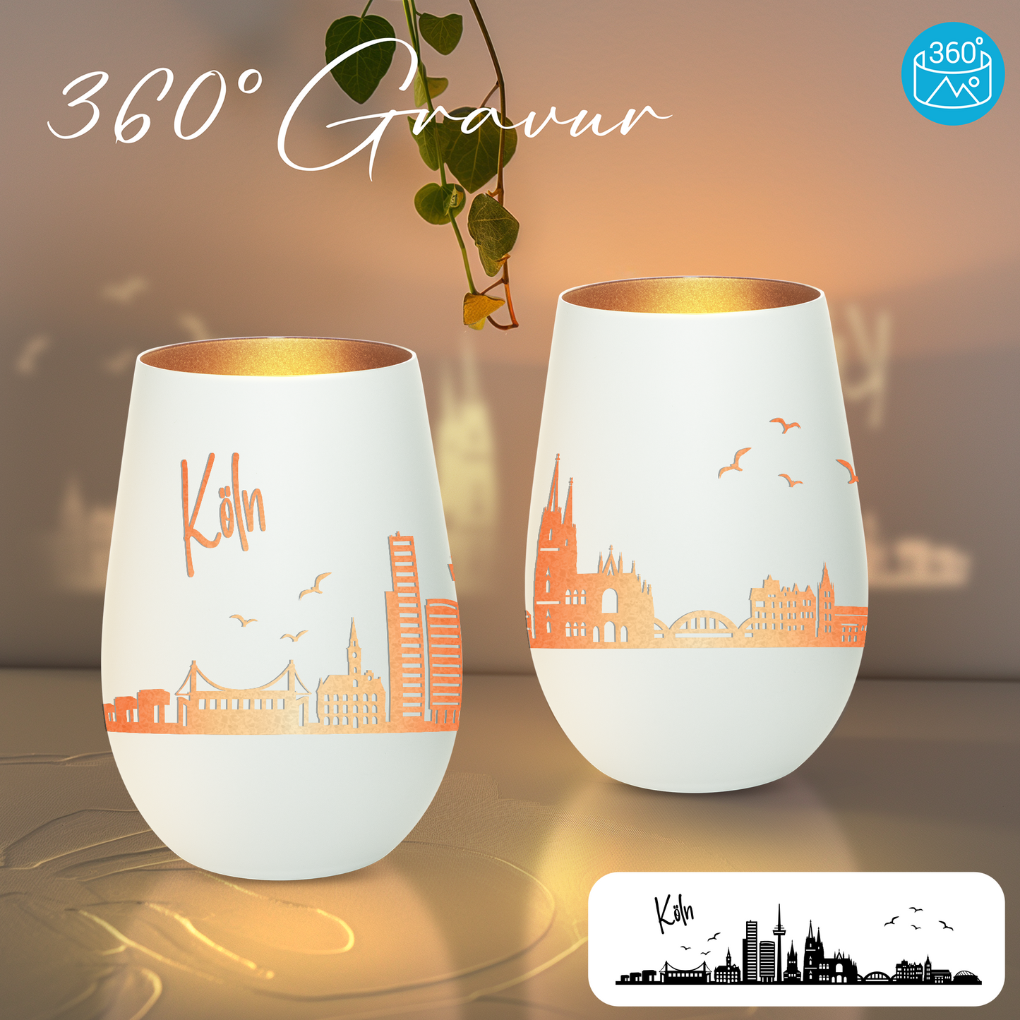 Hochwertiges Glas Windlicht mit Gravur "SKYLINE KÖLN" in der Farbe Weiß/Bronze