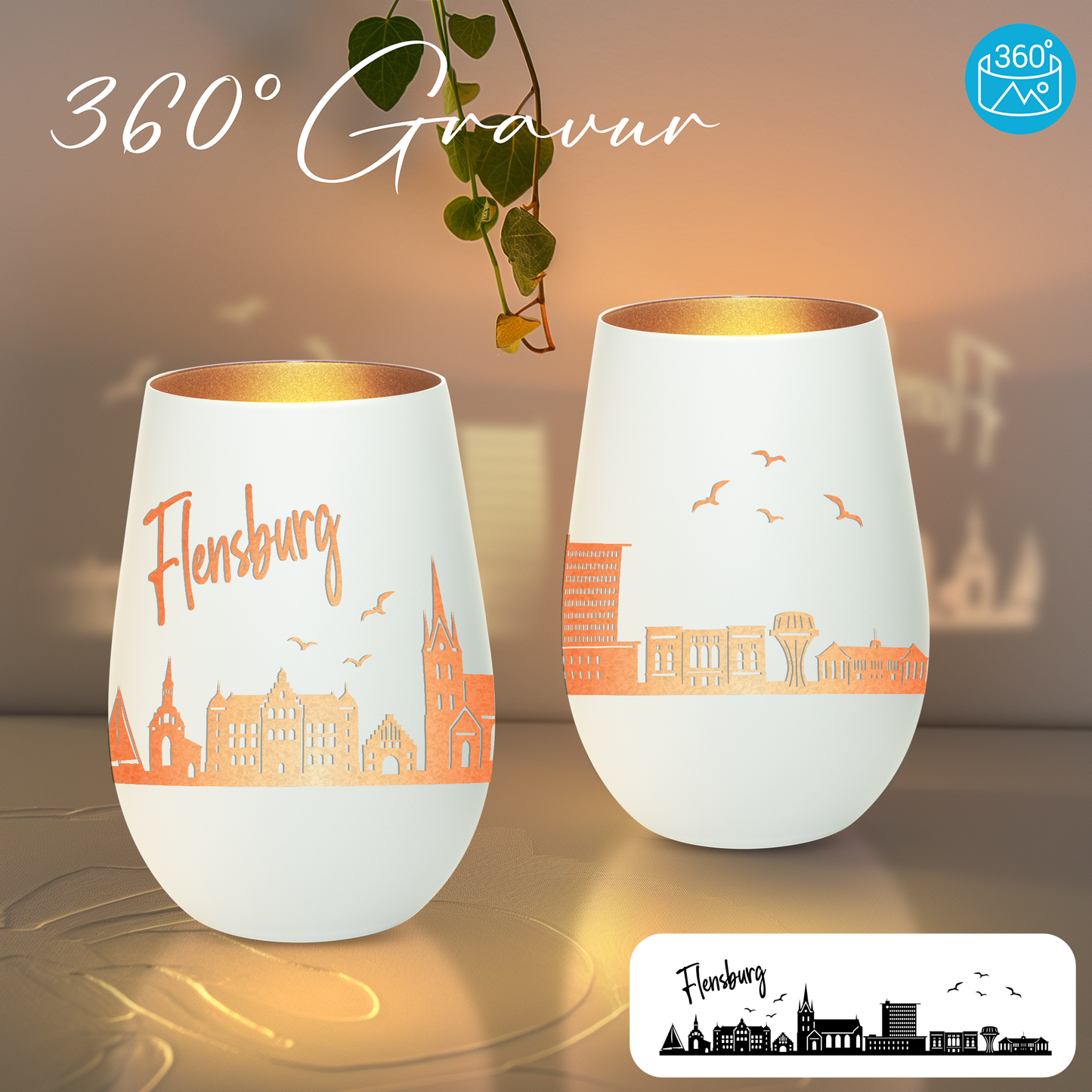 Hochwertiges Glas Windlicht mit Gravur "SKYLINE FLENSBURG" in der Farbe Weiß/Bronze