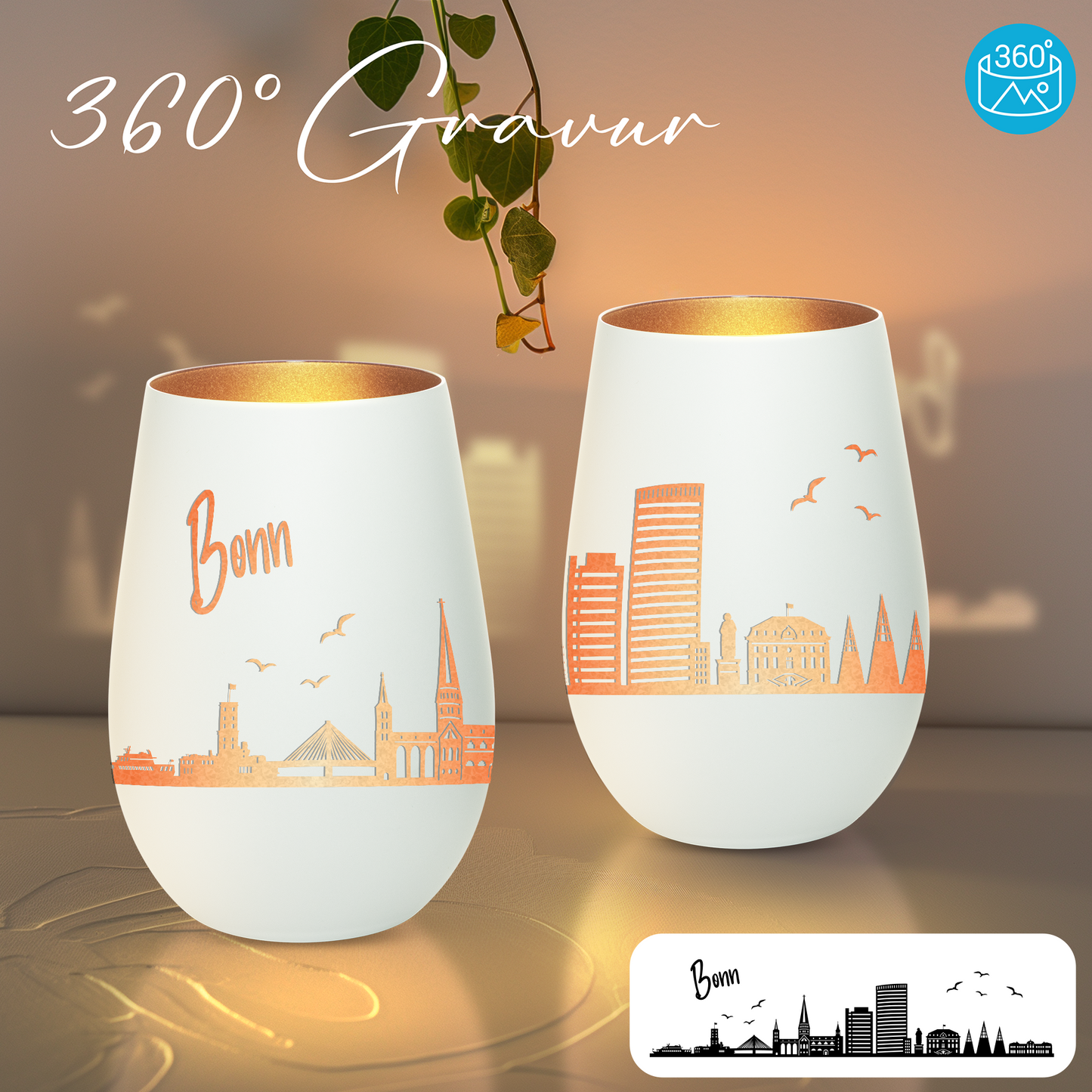 Hochwertiges Glas Windlicht mit Gravur "SKYLINE BONN" in der Farbe Weiß/Bronze