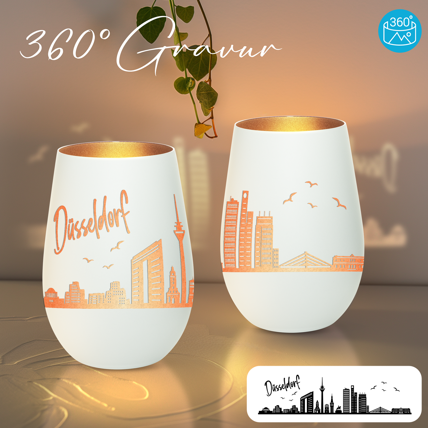 Hochwertiges Glas Windlicht mit Gravur "SKYLINE DÜSSELDORF" in der Farbe Weiß/Bronze