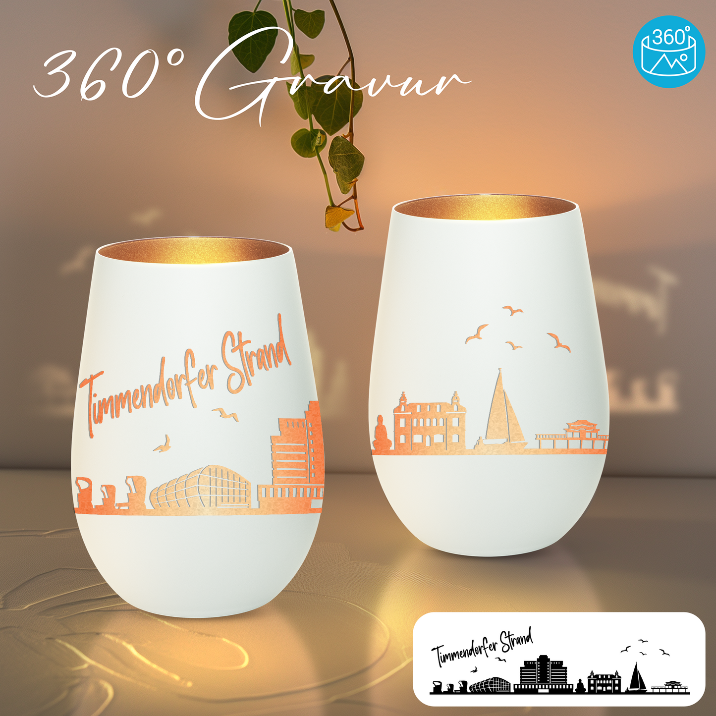 Hochwertiges Glas Windlicht mit Gravur "SKYLINE TIMMENDORFER STRAND" in der Farbe Weiß/Bronze