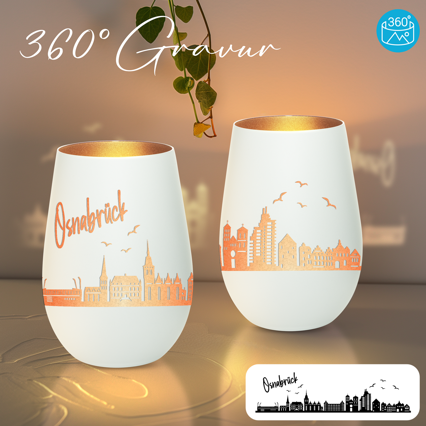 Hochwertiges Glas Windlicht mit Gravur "SKYLINE OSNABRÜCK" in der Farbe Weiß/Bronze